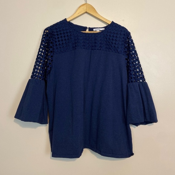 NWOT Chico’s Faux Denim Lace Mix Top - Picture 6 of 9